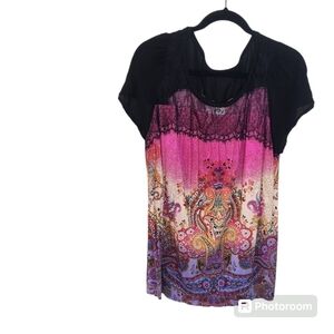 Billa pink, black, yellow, blue paisley shirt. Lacy on the top with blac…